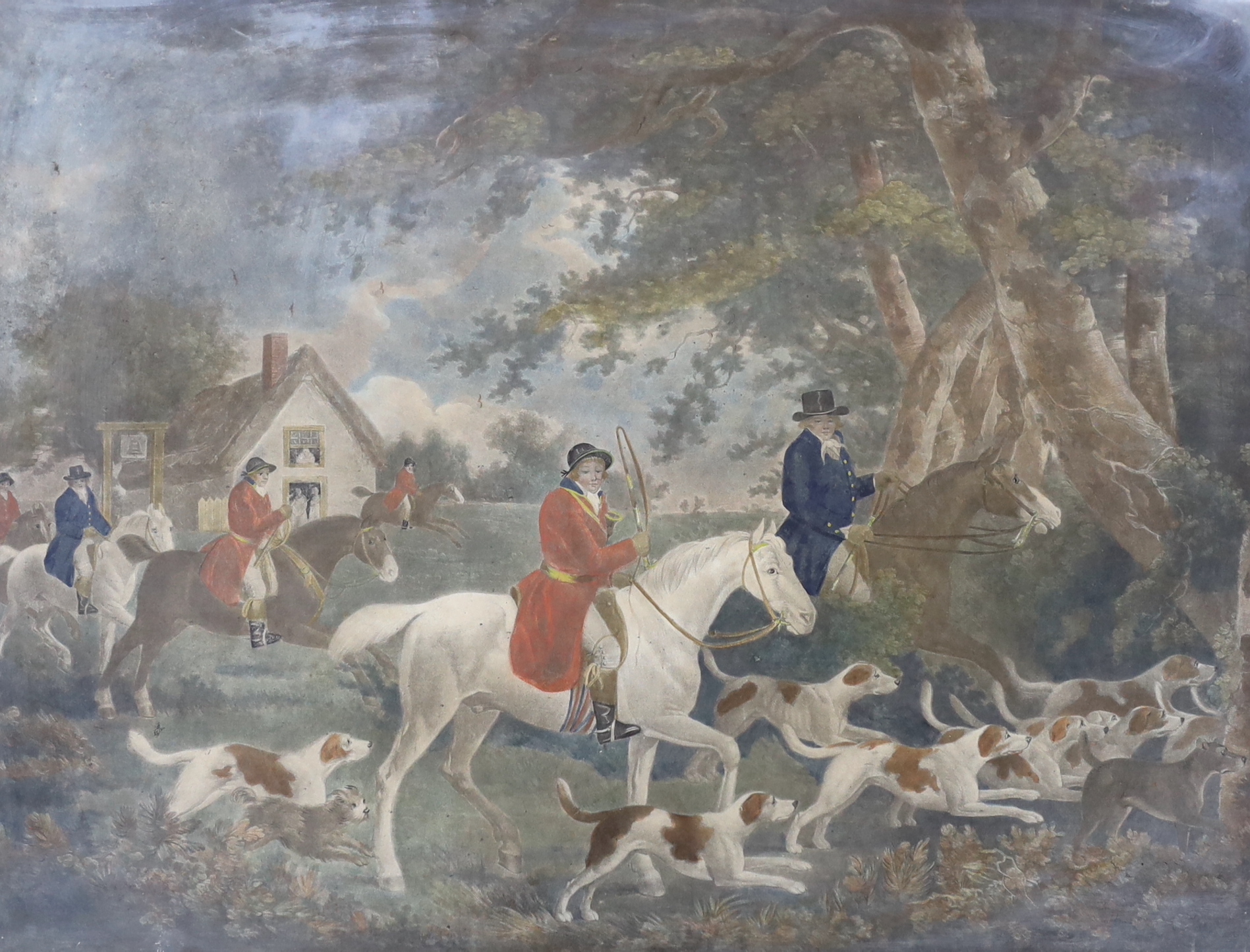 A set of three 19th century, hand coloured stipple engravings, huntsmen and hounds, 49 x 63cm